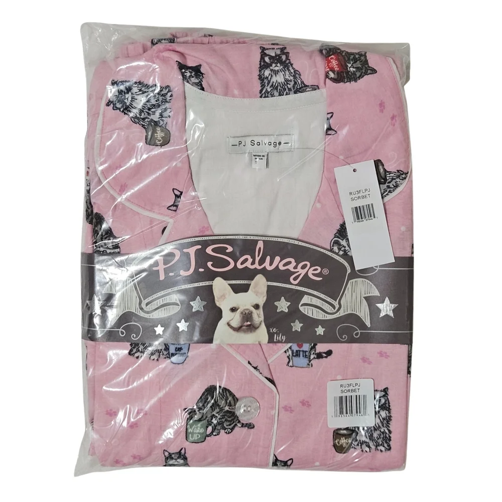 PJ Salvage Flannel Pajama Set Cats Coffee Women Sorbet Top & Pants NWT 🐱🐈☕